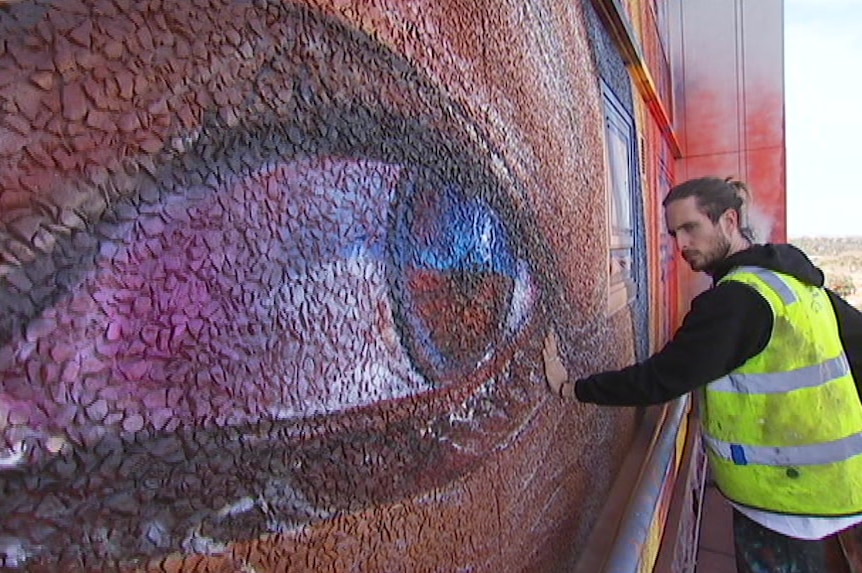 Artist Matt Adnate inspects his mural from a cherry picker several storeys high.