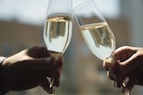 Clinking champagne glasses in a boardroom or office.