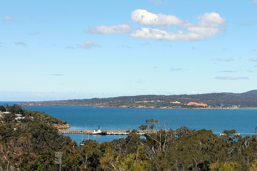 View across Twofold Bay from the Snug Cove wharves across to the Navy wharf and chip mill