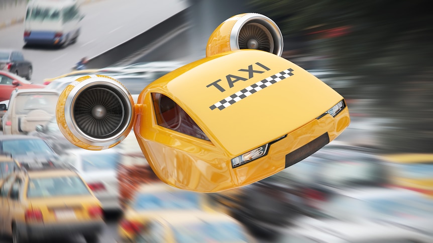 Illustration of yellow flying taxi flying over a traffic jam