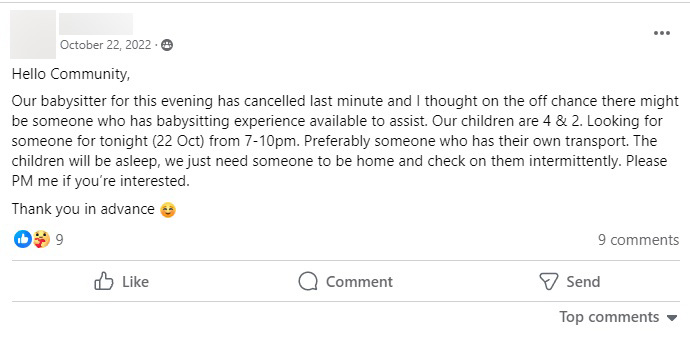 Facebook post looking for last minute babysitter.