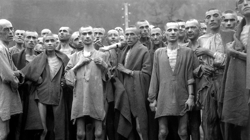 Inmates of Ebensee concentration camp after their liberation by American troops on May 6, 1945.