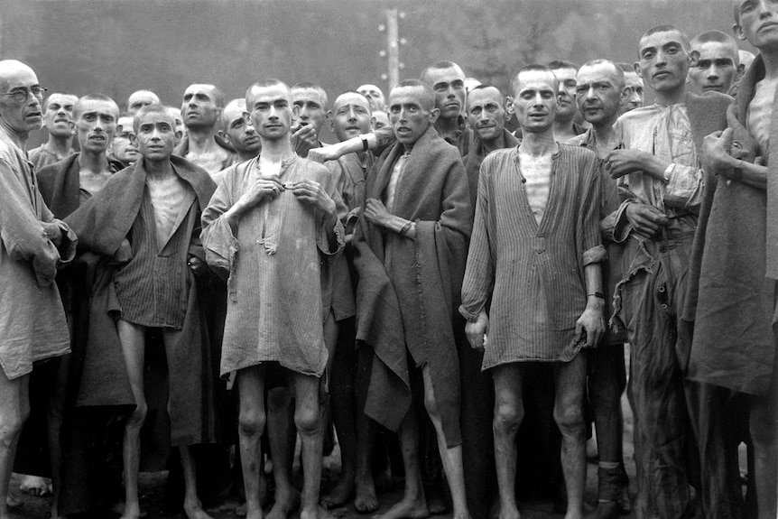 Inmates of Ebensee concentration camp after their liberation by American troops on May 6, 1945.