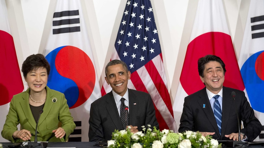 Leaders of South Korea, US and Japan hold talks at the Hague