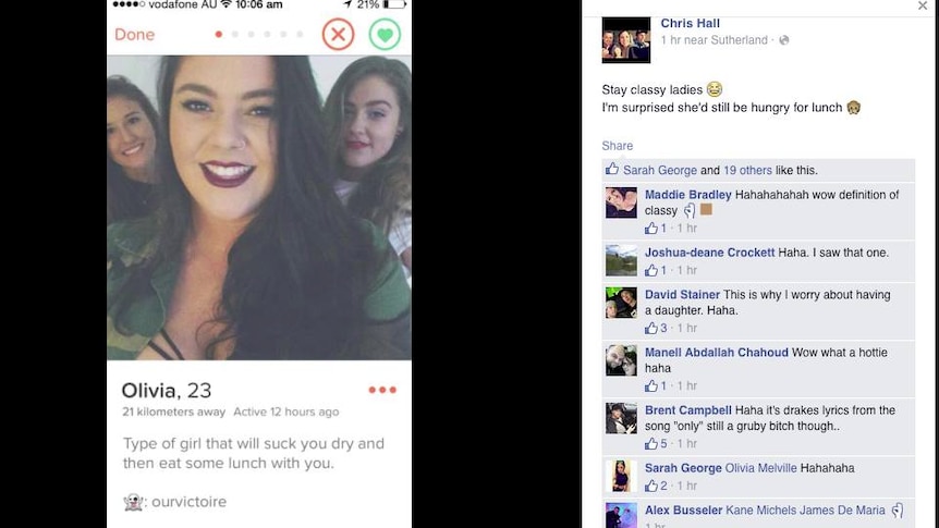 A screenshot of Olivia Melville's Tinder profile was posted to Facebook.