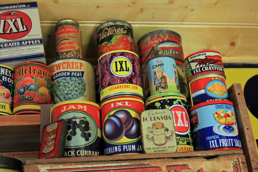 Tins on a shelf in the vintage general store
