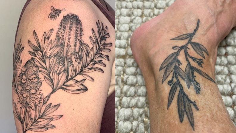 Two blank ink tattoos, one of a banksia flowering with a bee near and another of leaves and small  berries