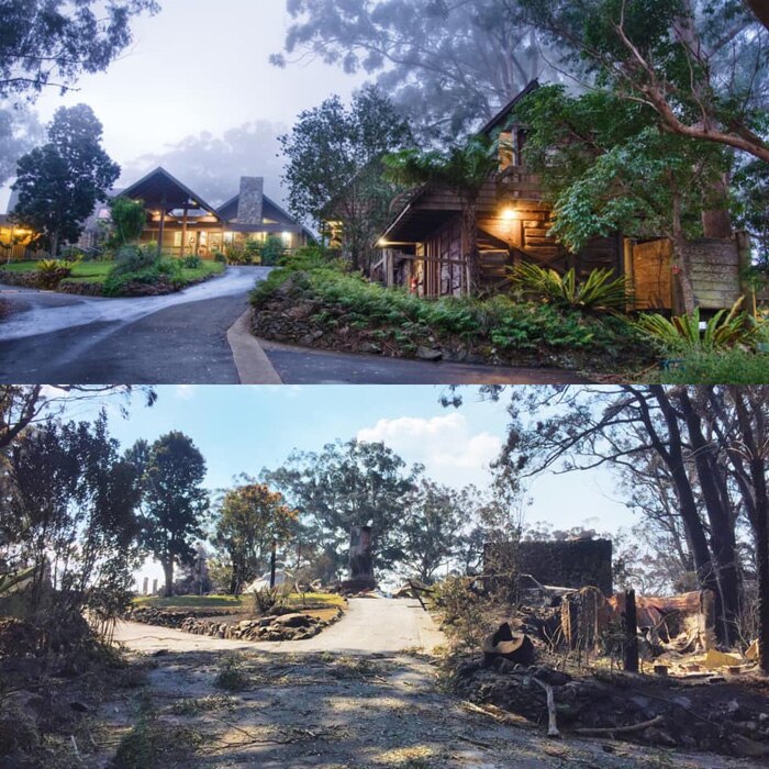 Before and after bushfire photos of Binna Burra lodge.