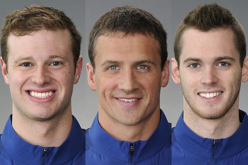Swimmers Jack Conger (L), Ryan Lochte (C) and Gunnar Bentz (R).