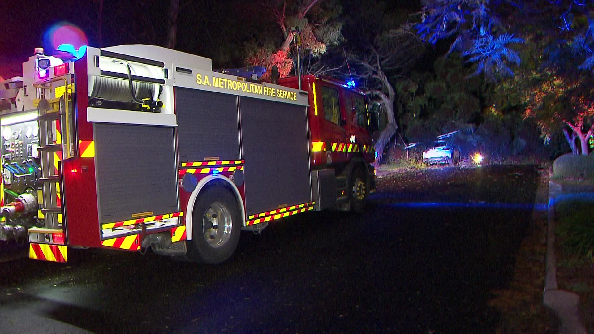 A red fire truck parked near a white car underneath tree branches