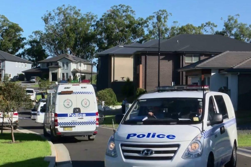 Police vehicles and police tape block off a street full of large two-storey houses.