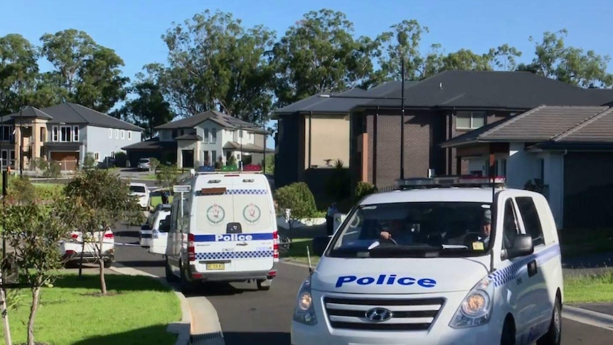 Police vehicles and police tape block off a street full of large two-storey houses.