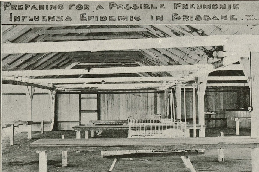 A makeshift hospital at Brisbane's RNA showgrounds during the Spanish Flu a century ago.