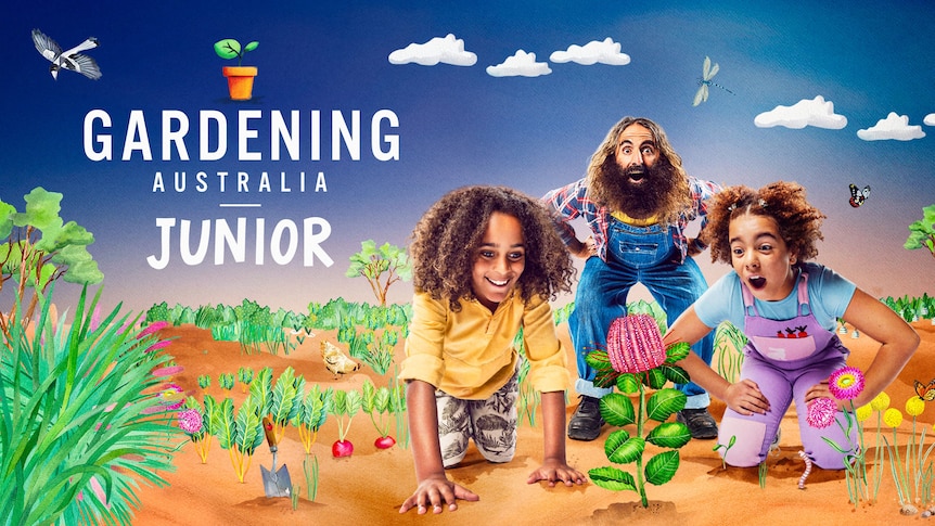 "Two kids and bearded man in garden; text 'GARDENING AUSTRALIA JUNIOR'; vibrant plants and creatures."