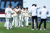 The Australian men's cricket team gather on the ground in Wellington to celebrate at the end of a Test match.