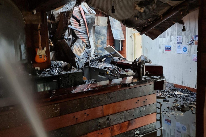 burnt timber interior of Tibooburra Two Storey Hotel