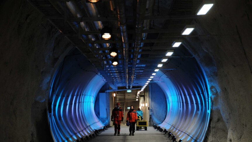 Lit tunnel of the Svalbard Global Seed Vault.