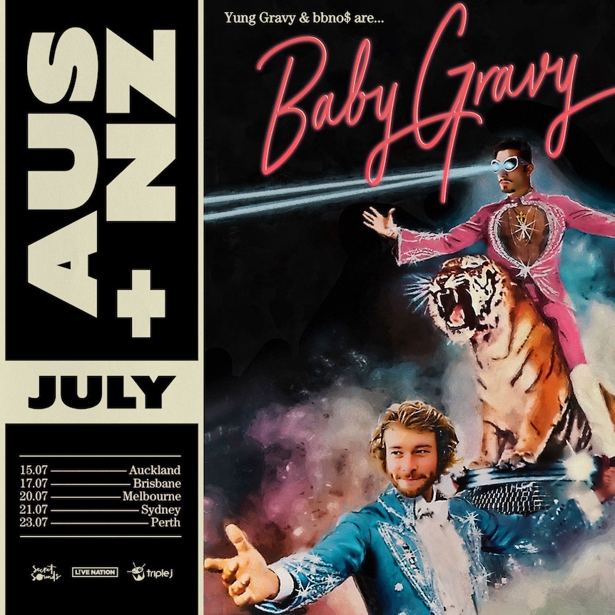 80s style poster for baby gravy's australian tour with dodgy photoshops of two men riding a tiger