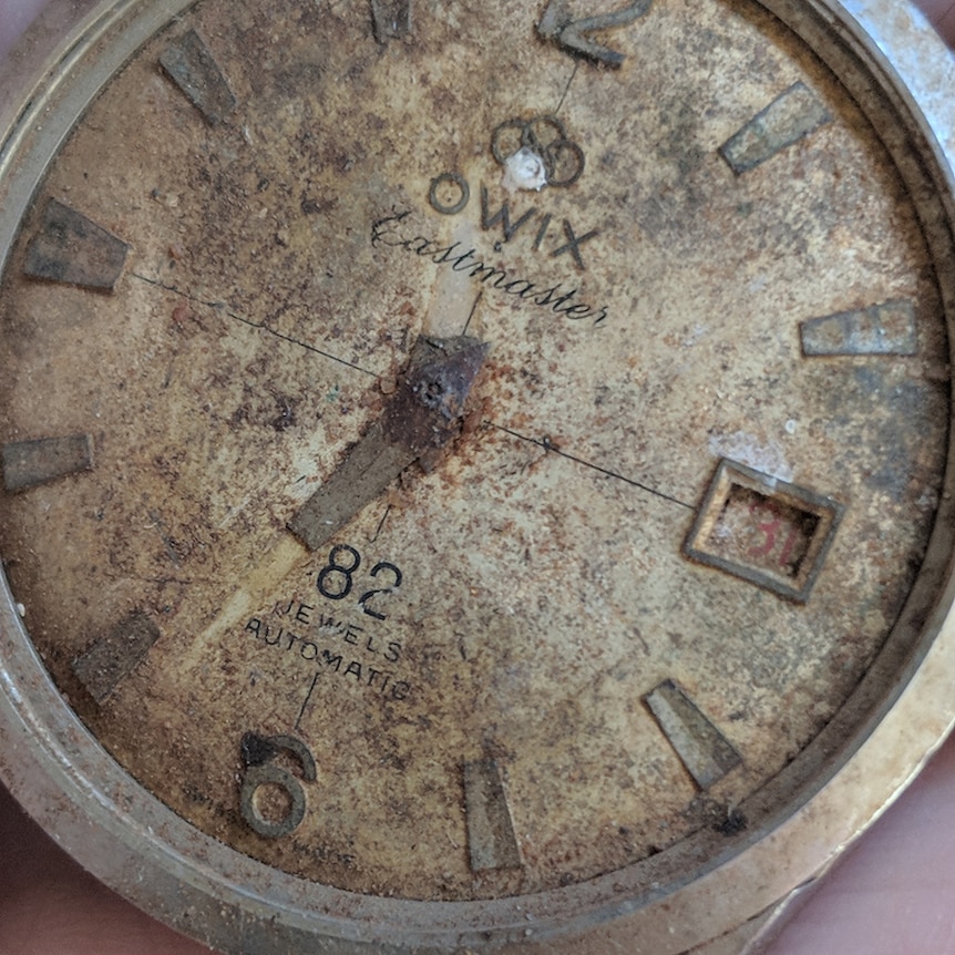 An old watch found at the site of the Viscount crash, time and date of crash frozen on face