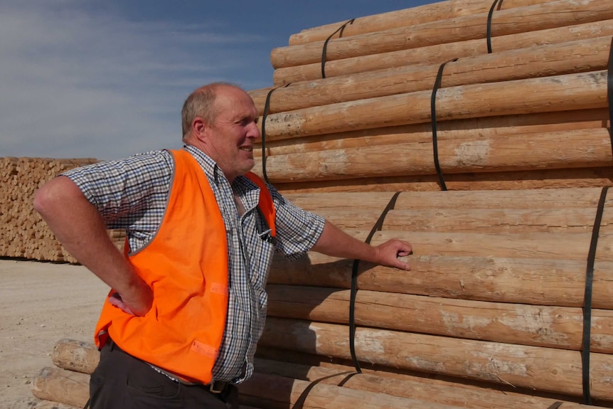 A man in a hi-vis vest standing in front of some bundles of fence posts.