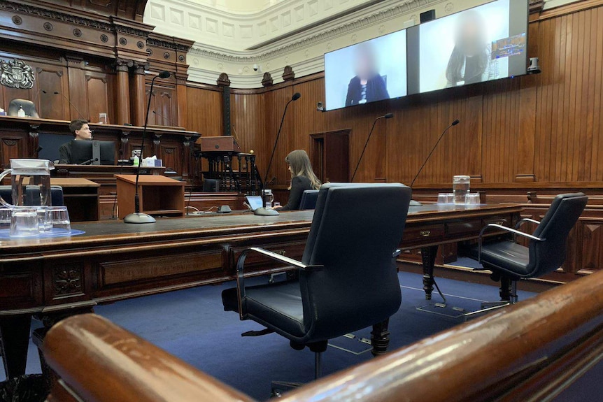 A dark wooden court room has only two people in it, and two people on screens.