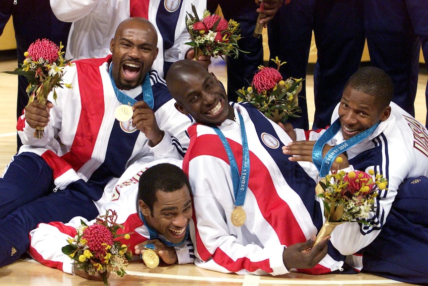 USA basketball players with their gold medals at the Sydney Olympics