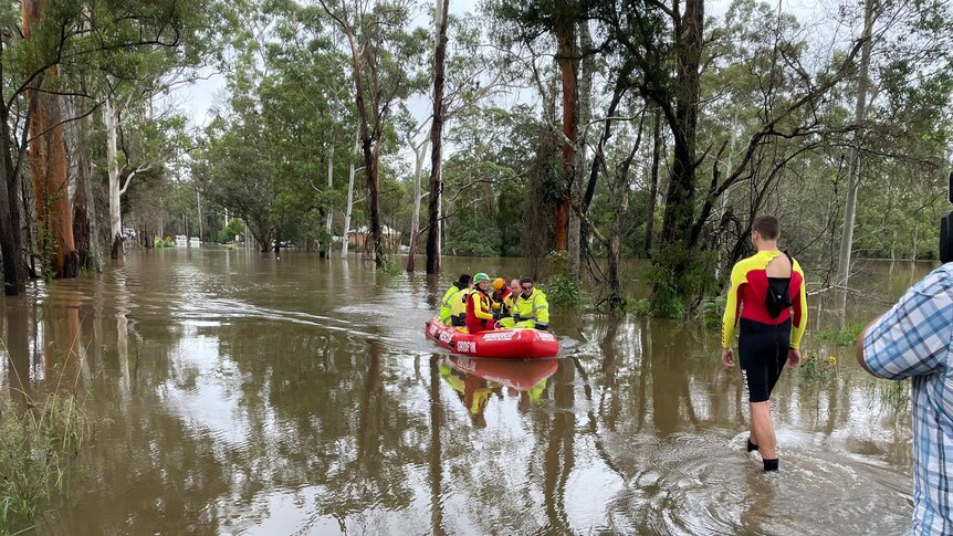 A dingy on flood waters with several volunteers in it amid the trees