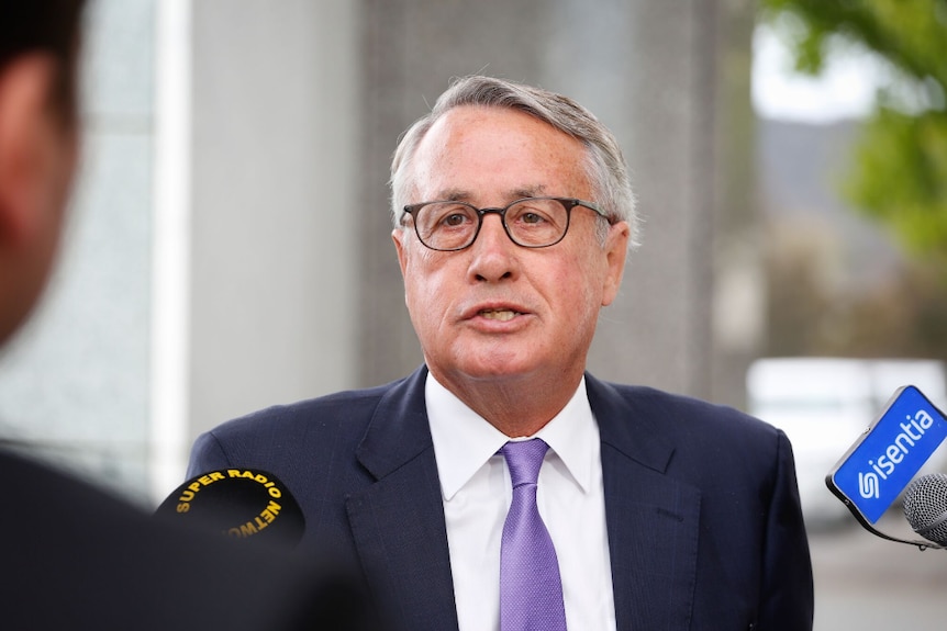 Wayne swan wears glasses and a blue tie speaking to reporters at a doorstop