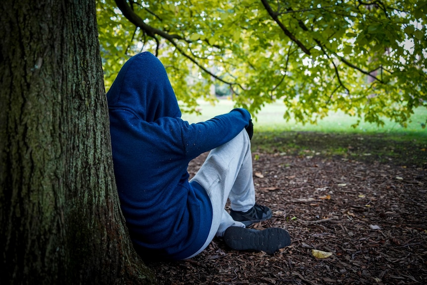 A young man in a hoodie sits with his back against a tree in a park.