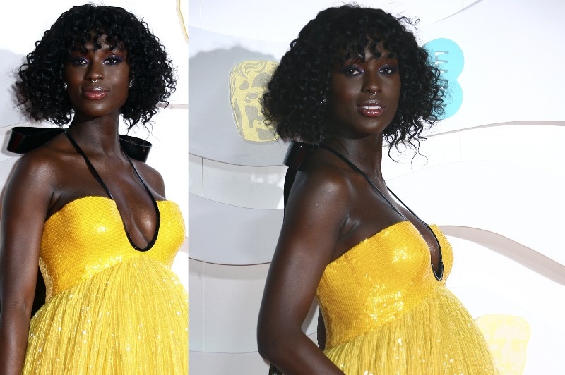 A composite image of Jodie Turner-Smith wearing a bright yellow sequinned halter dress.