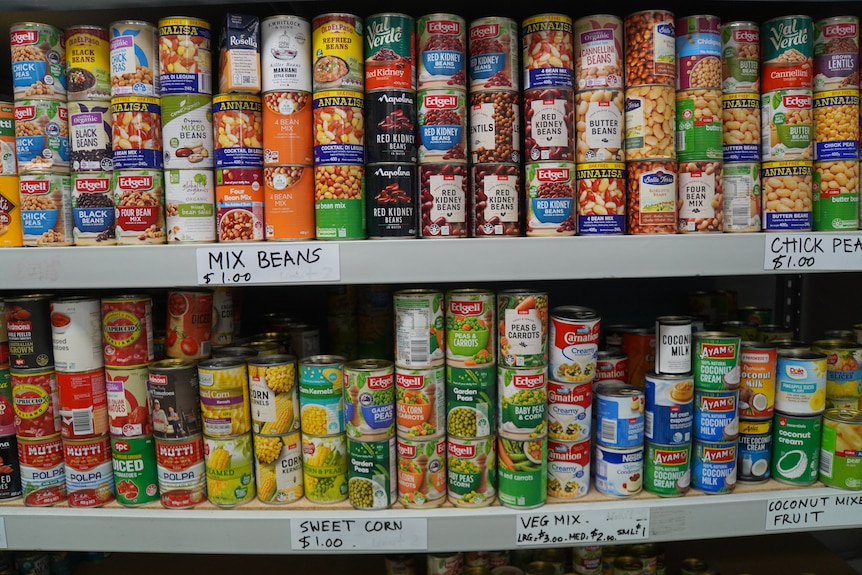 Cans of food on a shelf