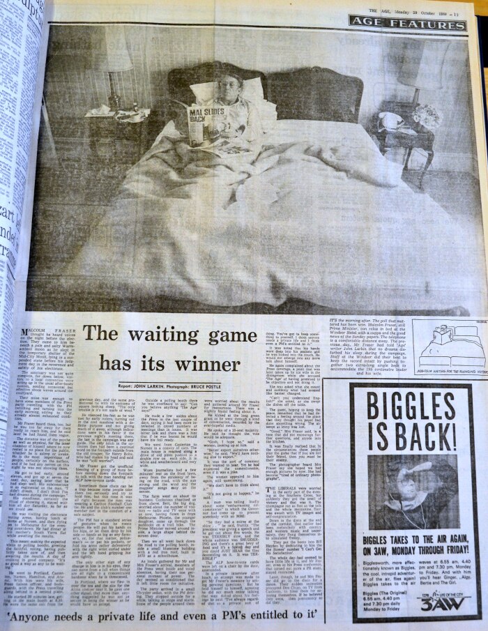 Malcolm Fraser bed photo in The Age newspaper.