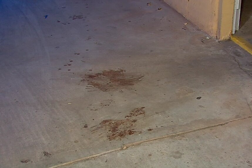 Fake blood on the floor of an apartment block garage