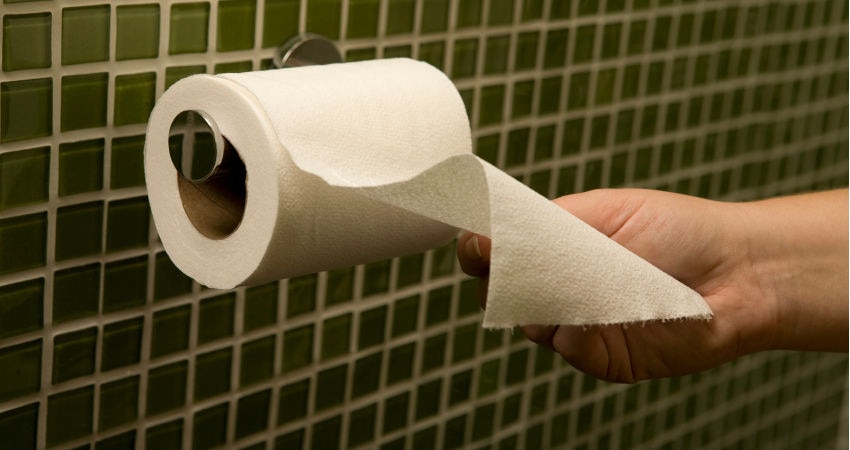 A hand tears off a sheet of toilet paper from a wall roll.