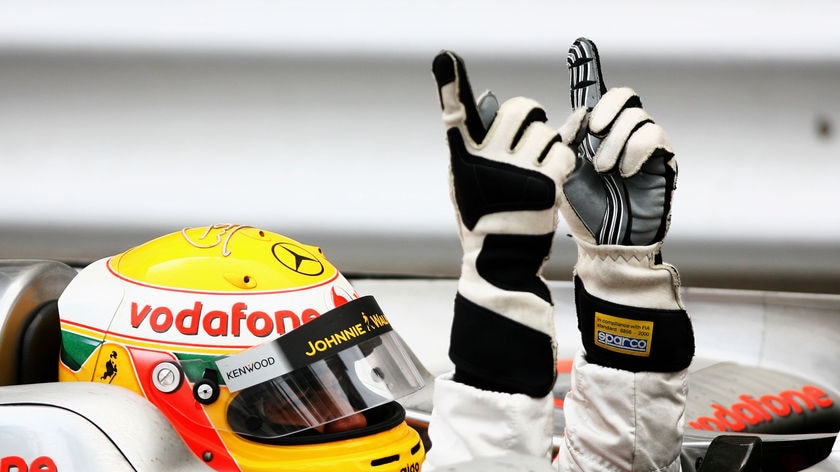 Lewis Hamilton celebrates victory in the Monaco Formula One Grand Prix