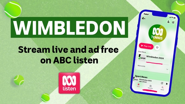 An illustrated tennis court. Text reads: Wimbledon, stream live and ad free on ABC listen.