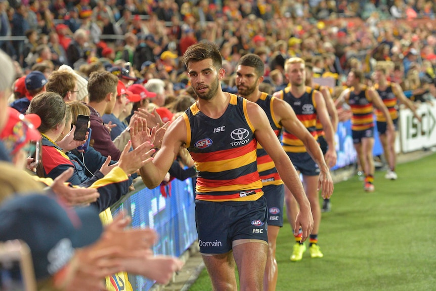 Crows players celebrate with the crowd