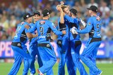Adelaide Strikers cheering on pitch.