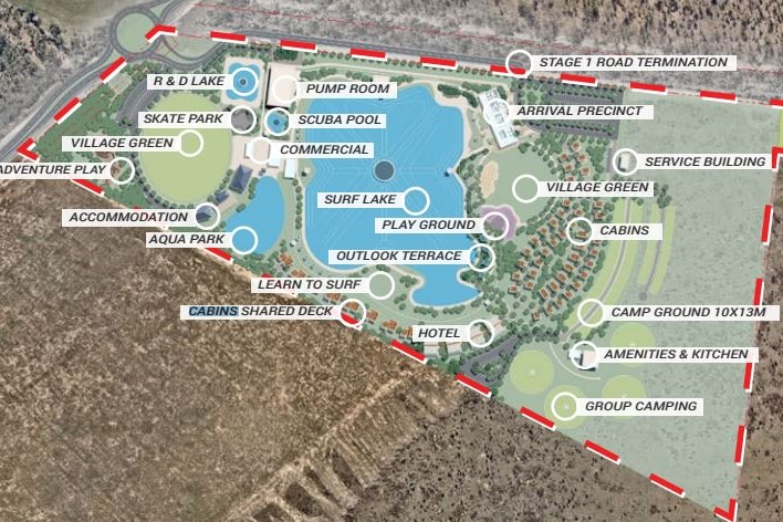 A map point where the proposed developments for the Surf Lakes location would be in relation to the wave pool.