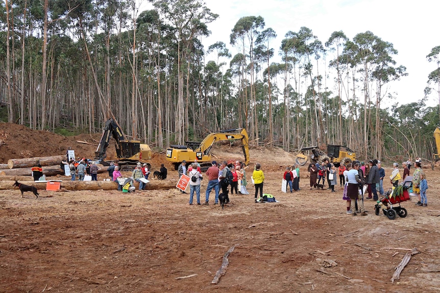 People standing around excavating machines 