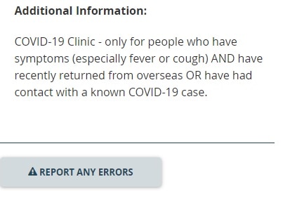 Incorrect information featured on the Healthdirect website above its 'report any errors' button.
