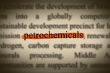 A graphic showing typed text on a page with the word 'petrochemicals' highlighted in orange.