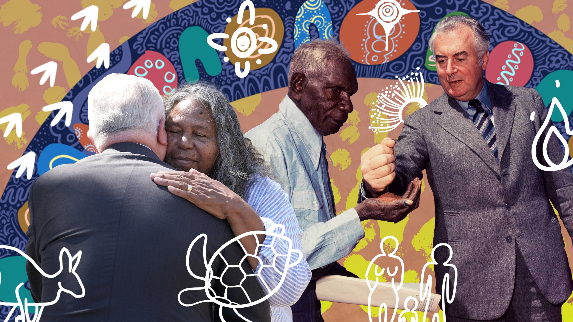 Collage of Indigenous woman Gloria embracing the Governor General. Vincent Lingiari and Gough Whitlam.