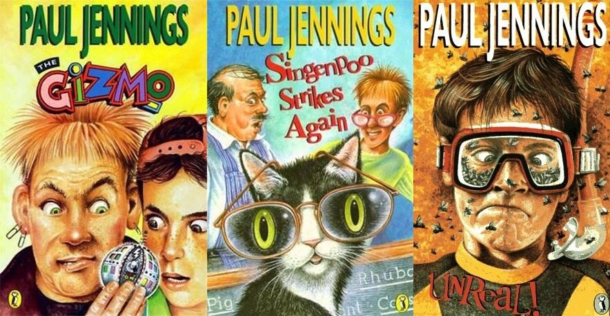 Book covers the Paul Jennings books Gizmo, Singenpoo and Unreal.