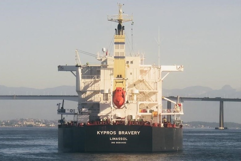 A large cargo ship in the water, called Kypros Bravery.