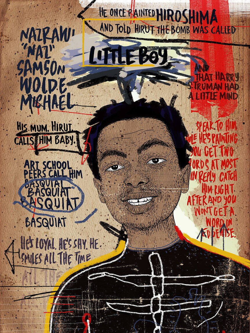 Painting of a young man in a black top with words about him surrounding the portrait