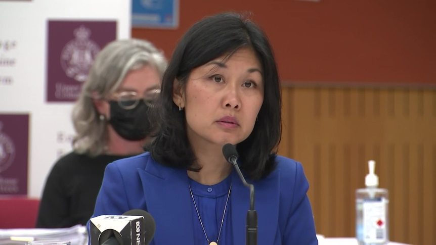 a woman behind a desk and a microphone