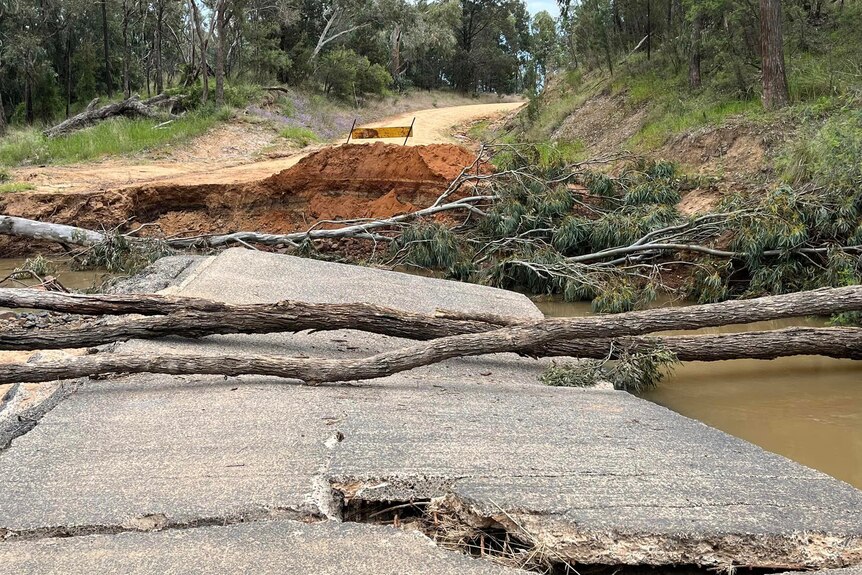 causeway crossing mostly washed away or destroyed, long tree logs laying across it