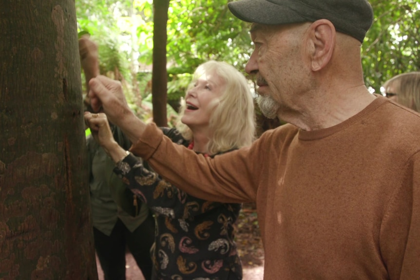 George Olah knocks on a hollow tree during a walk through the Royal Botanic Garden in Sydney.