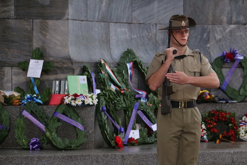 A soldier stands during the Adelaide Anzac Day dawn service